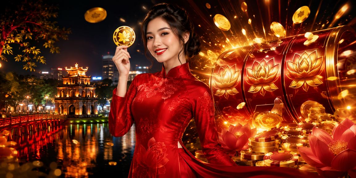 Người phụ nữ Việt Nam trong trang phục áo dài tại Hà Nội trải nghiệm slot game trực tuyến